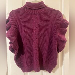 Knit Co-Op Burgundy Cable Knit Ruffle Sleeve Turtleneck Sweater Vest Size Small